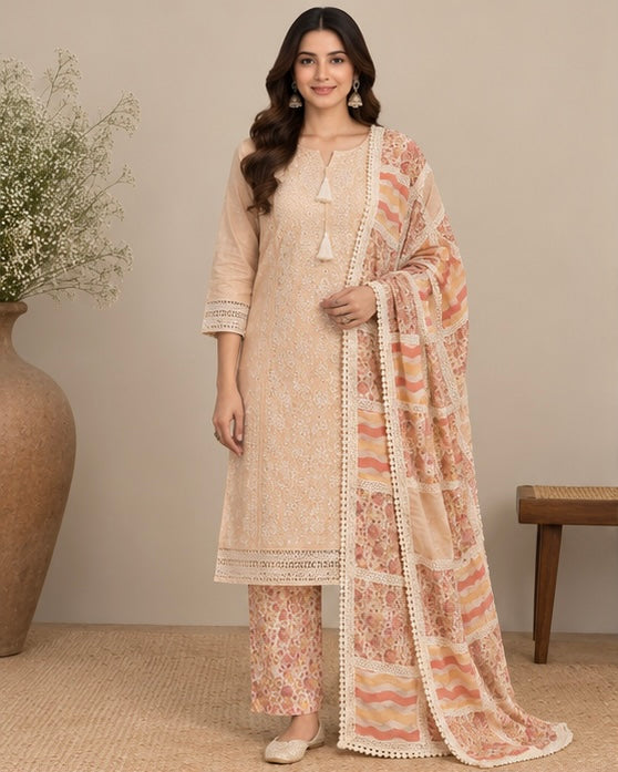 Embroidered Cotton Salwar Suit Set with Dupatta for Women