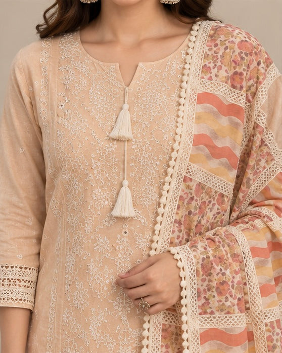 Embroidered Cotton Salwar Suit Set with Dupatta for Women