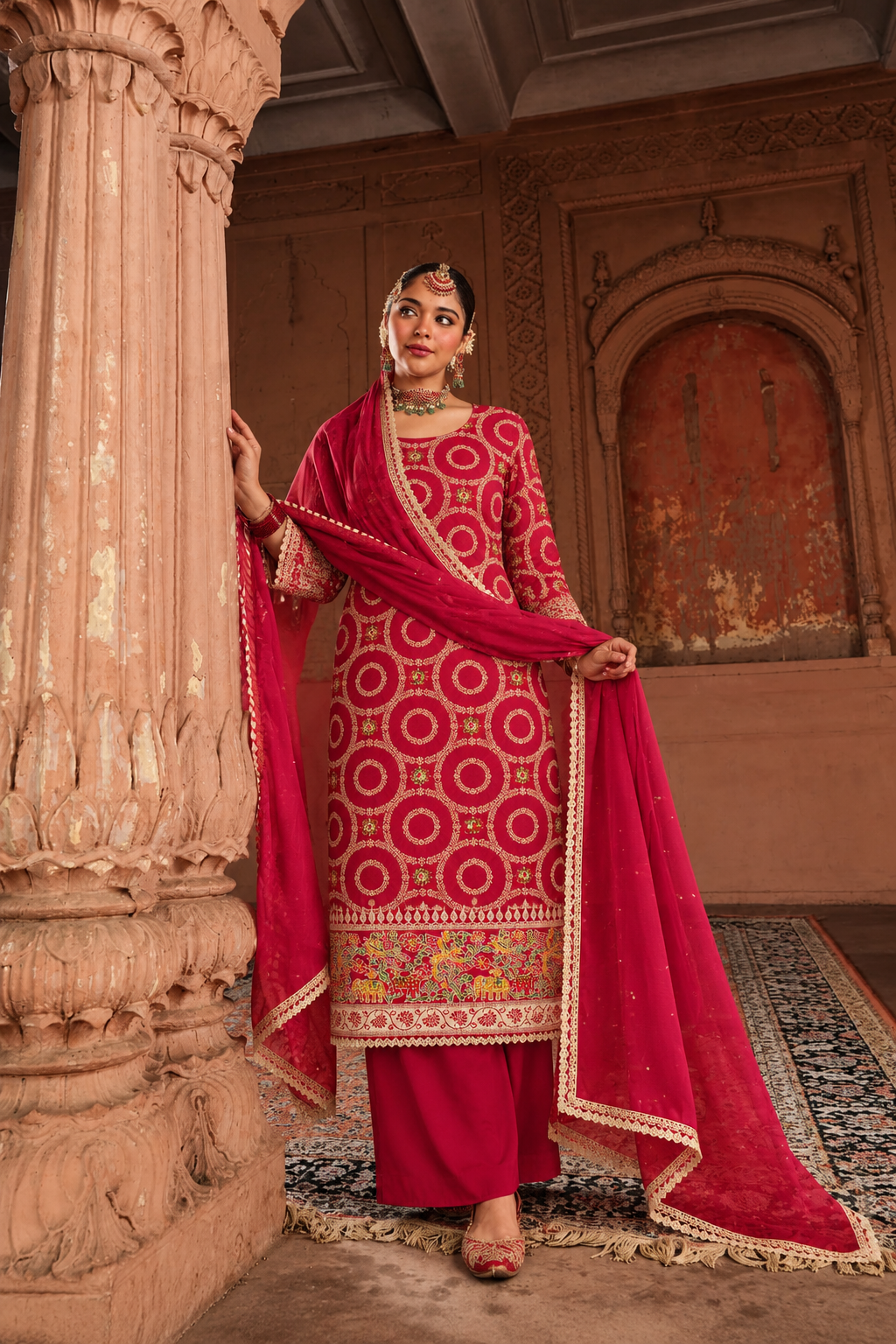 Maroon Jacquard Silk Unstitched Suit Material with Dupatta