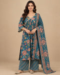 Teal Green Floral Silk Blend Suit Set for Women