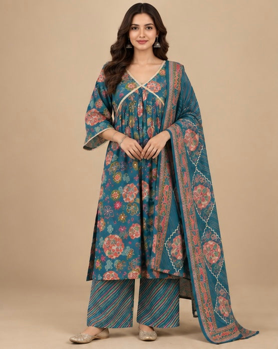 Teal Green Floral Silk Blend Suit Set for Women
