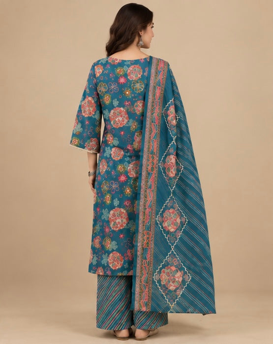 Teal Green Floral Silk Blend Suit Set for Women