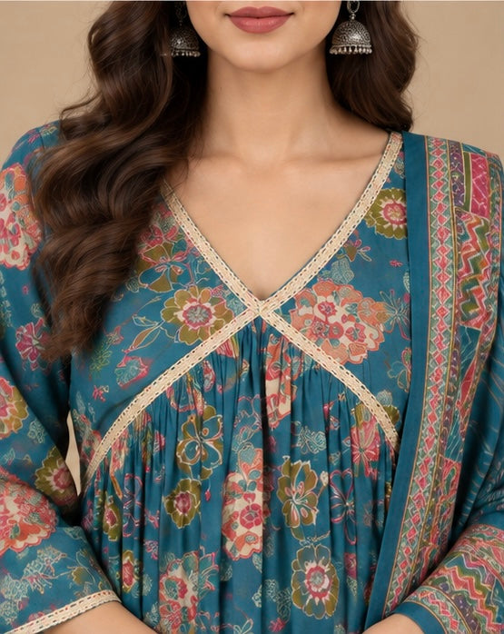 Teal Green Floral Silk Blend Suit Set for Women