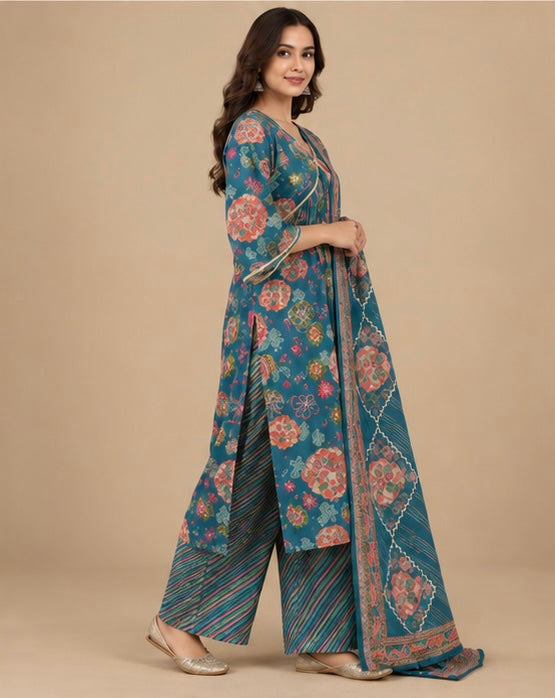 Teal Green Floral Silk Blend Suit Set for Women