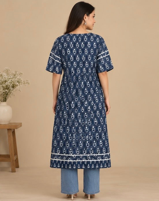 Navy Blue Printed Cotton Kurta for Women
