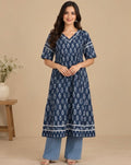 Navy Blue Printed Cotton Kurta for Women