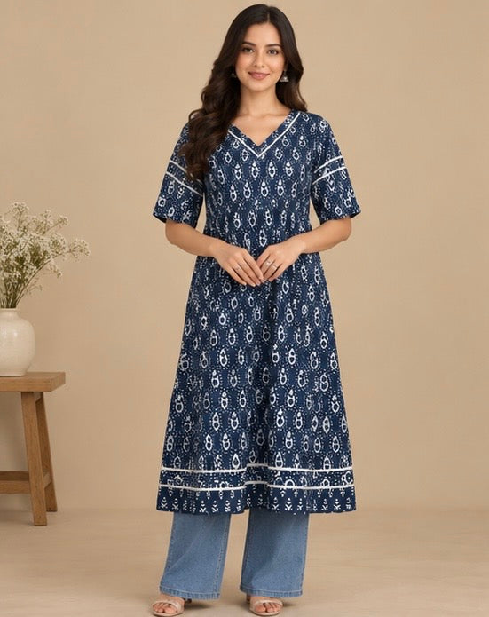 Navy Blue Printed Cotton Kurta for Women