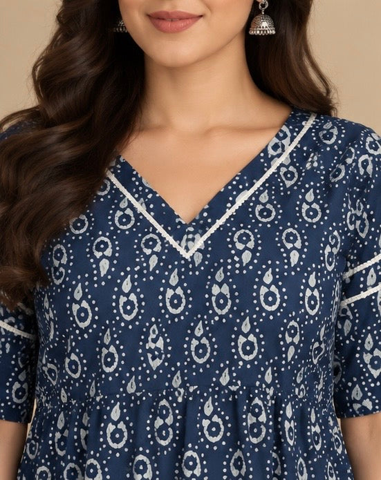 Navy Blue Printed Cotton Kurta for Women