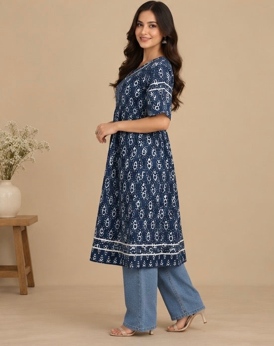 Navy Blue Printed Cotton Kurta for Women