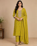 Yellow Embroidered Silk Blend SKD Set