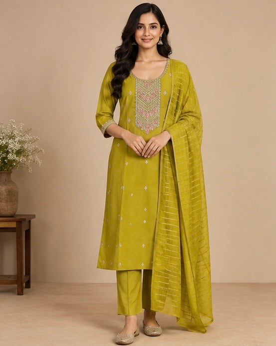 Yellow Embroidered Silk Blend SKD Set