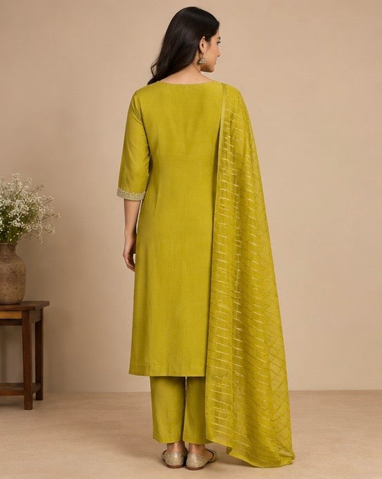 Yellow Embroidered Silk Blend SKD Set