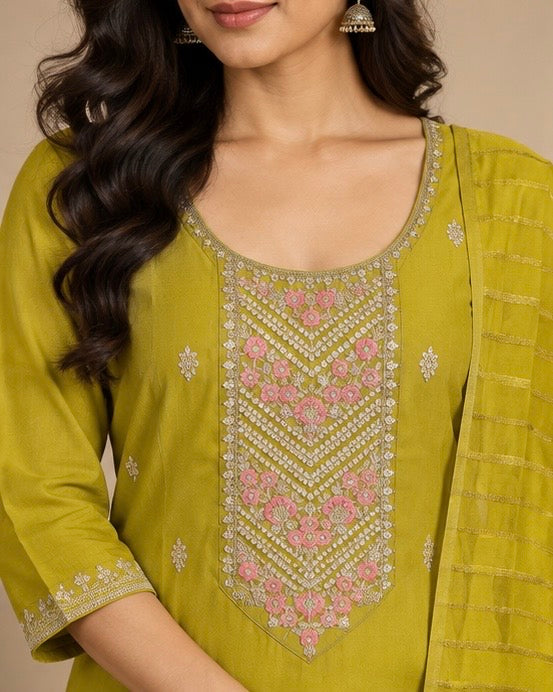 Yellow Embroidered Silk Blend SKD Set
