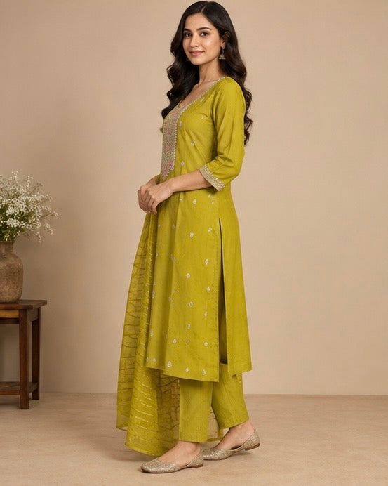 Yellow Embroidered Silk Blend SKD Set