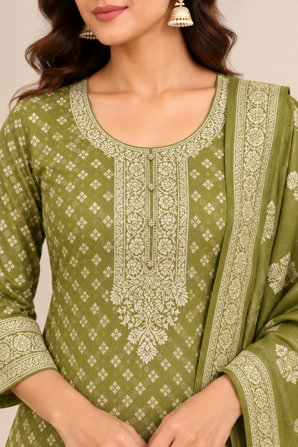 Olive Green Ivory Print Jacquard Winter SKD