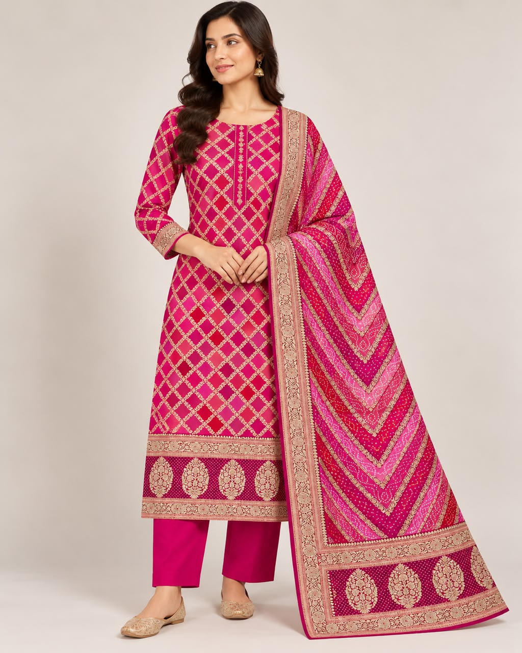 Pink Jacquard Silk Unstitched Dress Material with Dupatta