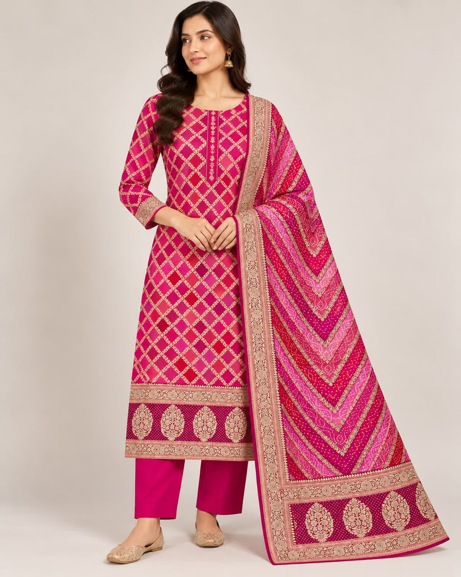 Pink Jacquard Silk Unstitched Dress Material with Dupatta