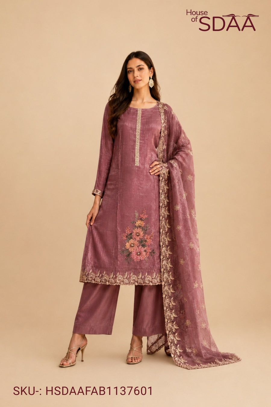 Pink Chanderi Silk Unstitched Dress Material with Floral Dupatta