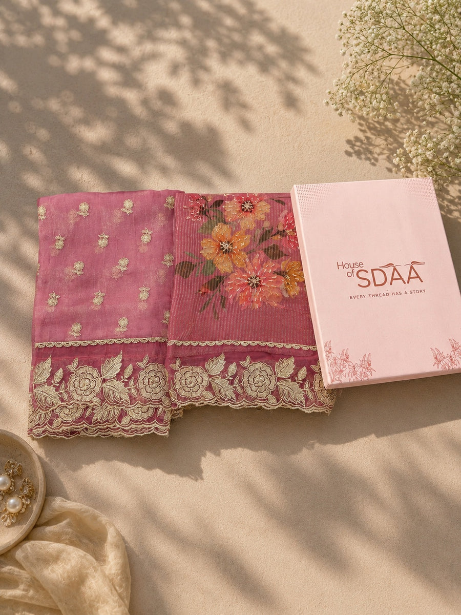 Pink Chanderi Silk Unstitched Dress Material with Floral Dupatta