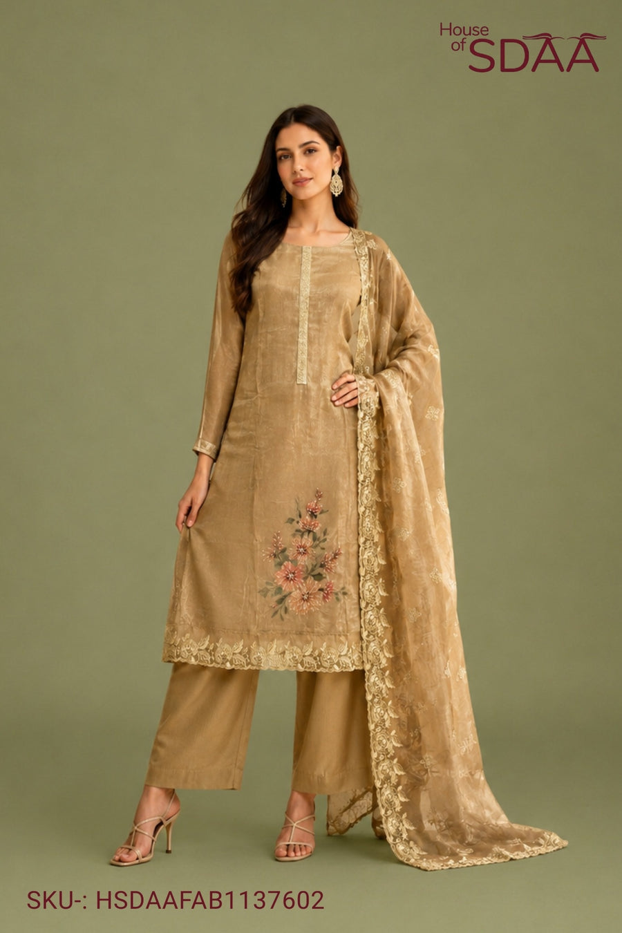 Mustard Chanderi Silk Unstitched Dress Material with Floral Printed Dupatta