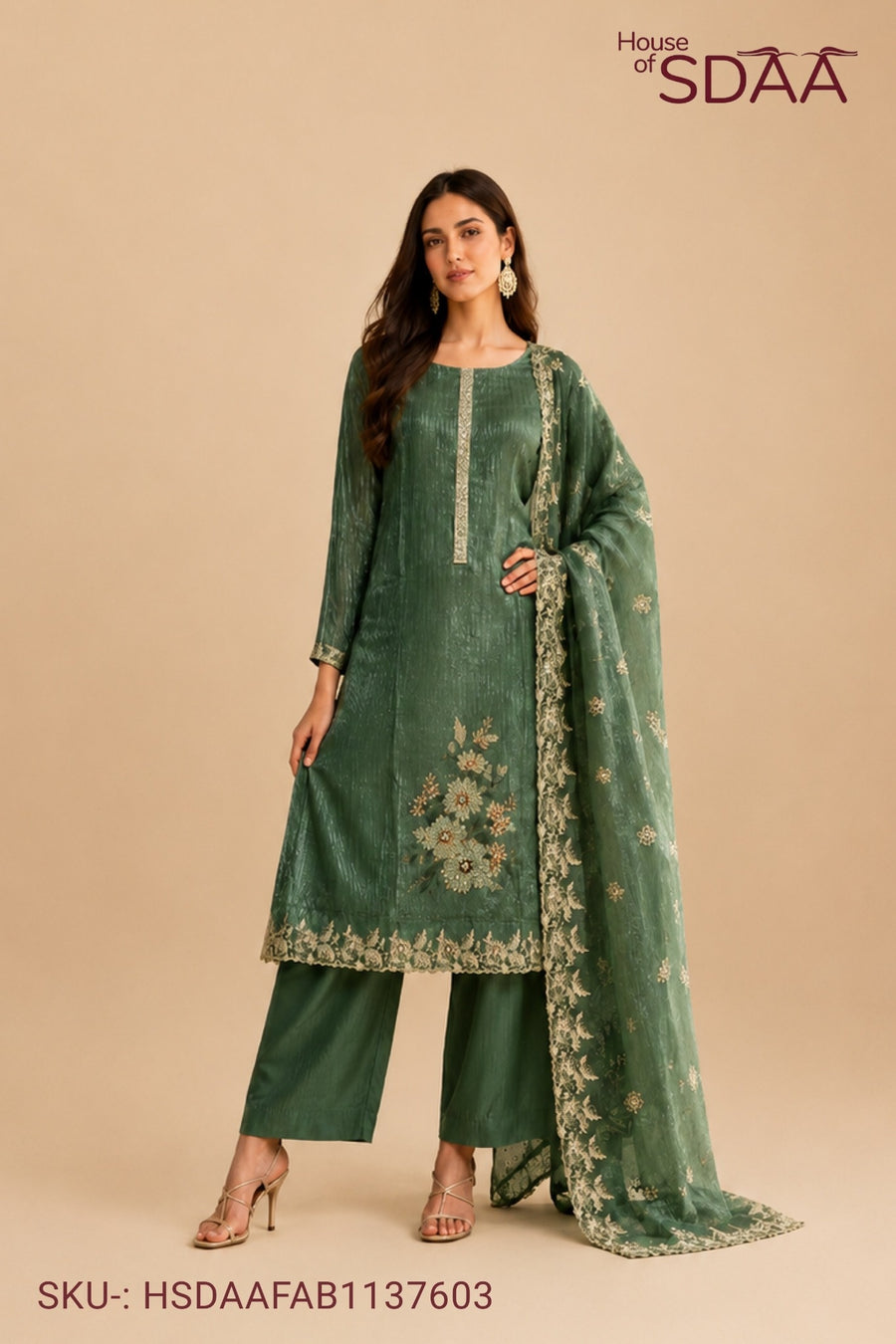Green Chanderi Silk Unstitched Dress Material with Floral Printed Dupatta