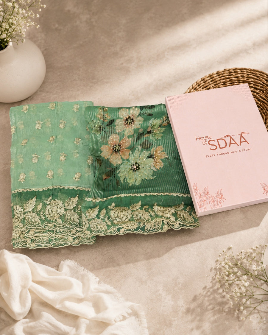 Green Chanderi Silk Unstitched Dress Material with Floral Printed Dupatta