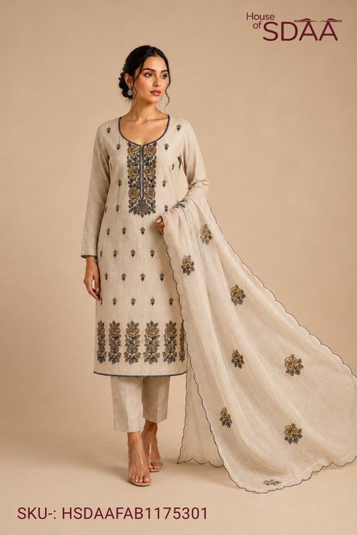 Beige Yellow Mal Chanderi Unstitched Dress Material with Embroidered Dupatta