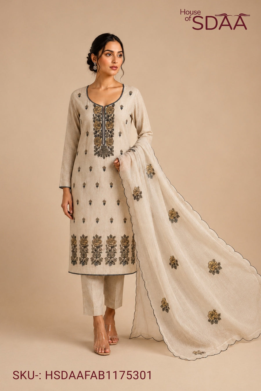 Beige Yellow Mal Chanderi Unstitched Dress Material with Embroidered Dupatta