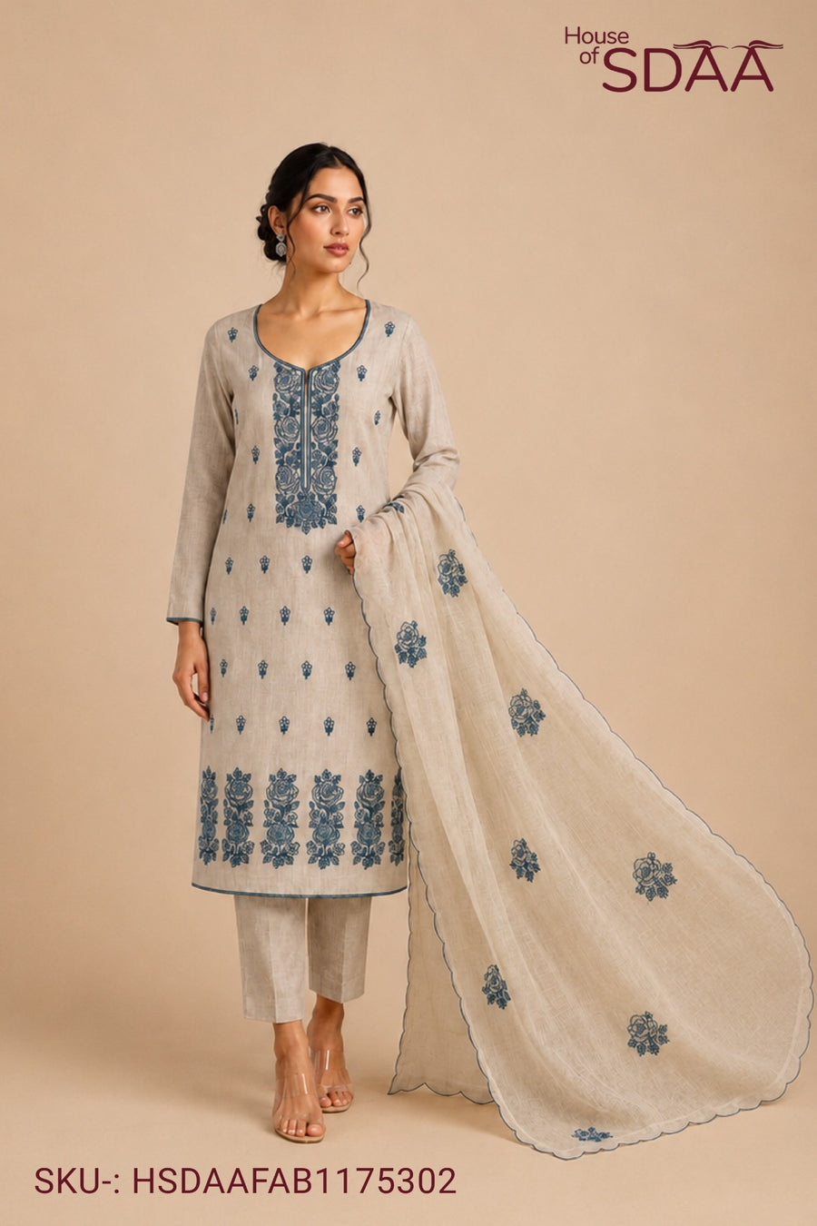 Beige Green Mal Chanderi Unstitched Dress Material with Floral Embroidery