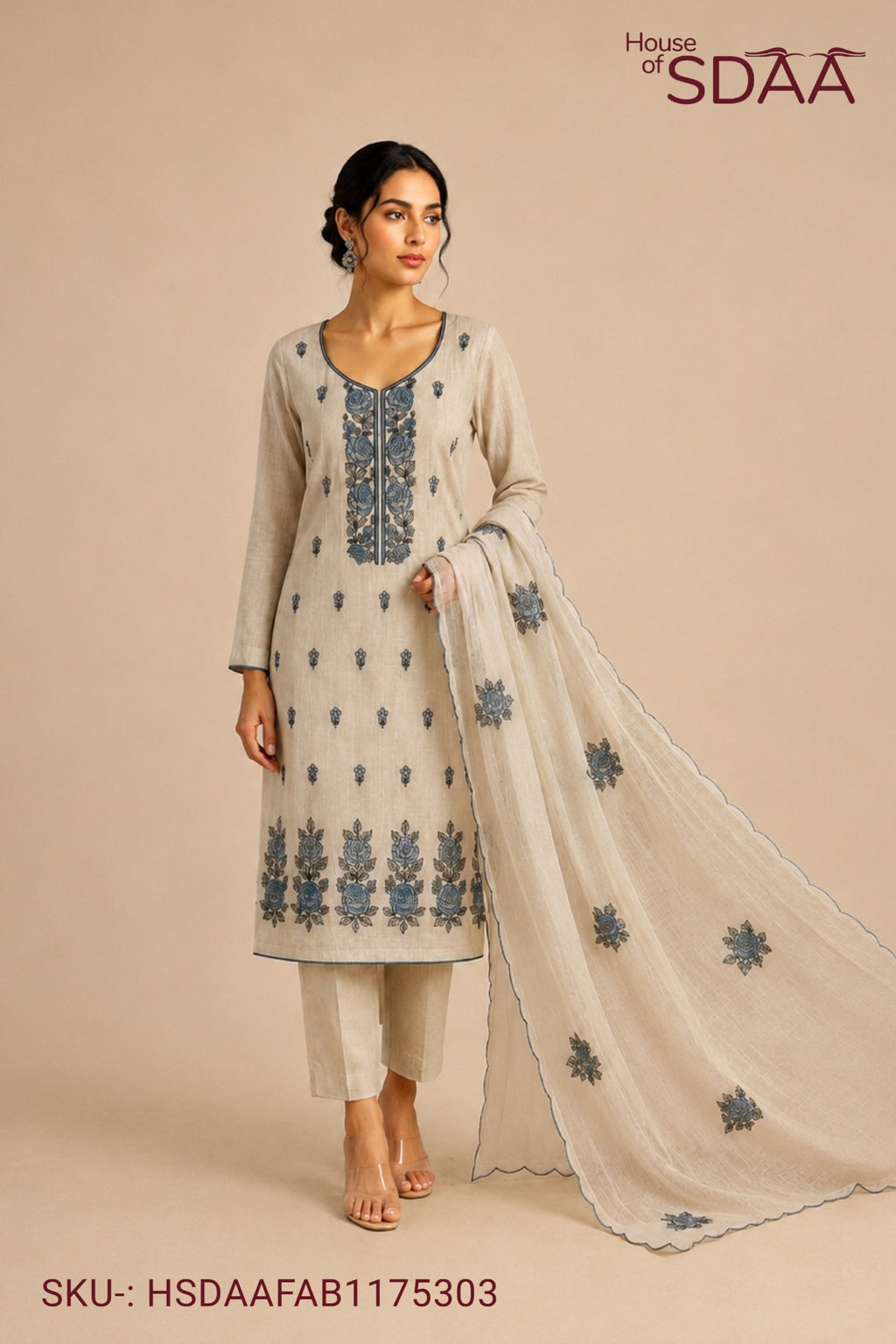 Beige Blue Mal Chanderi Unstitched Dress Material with Floral Embroidery
