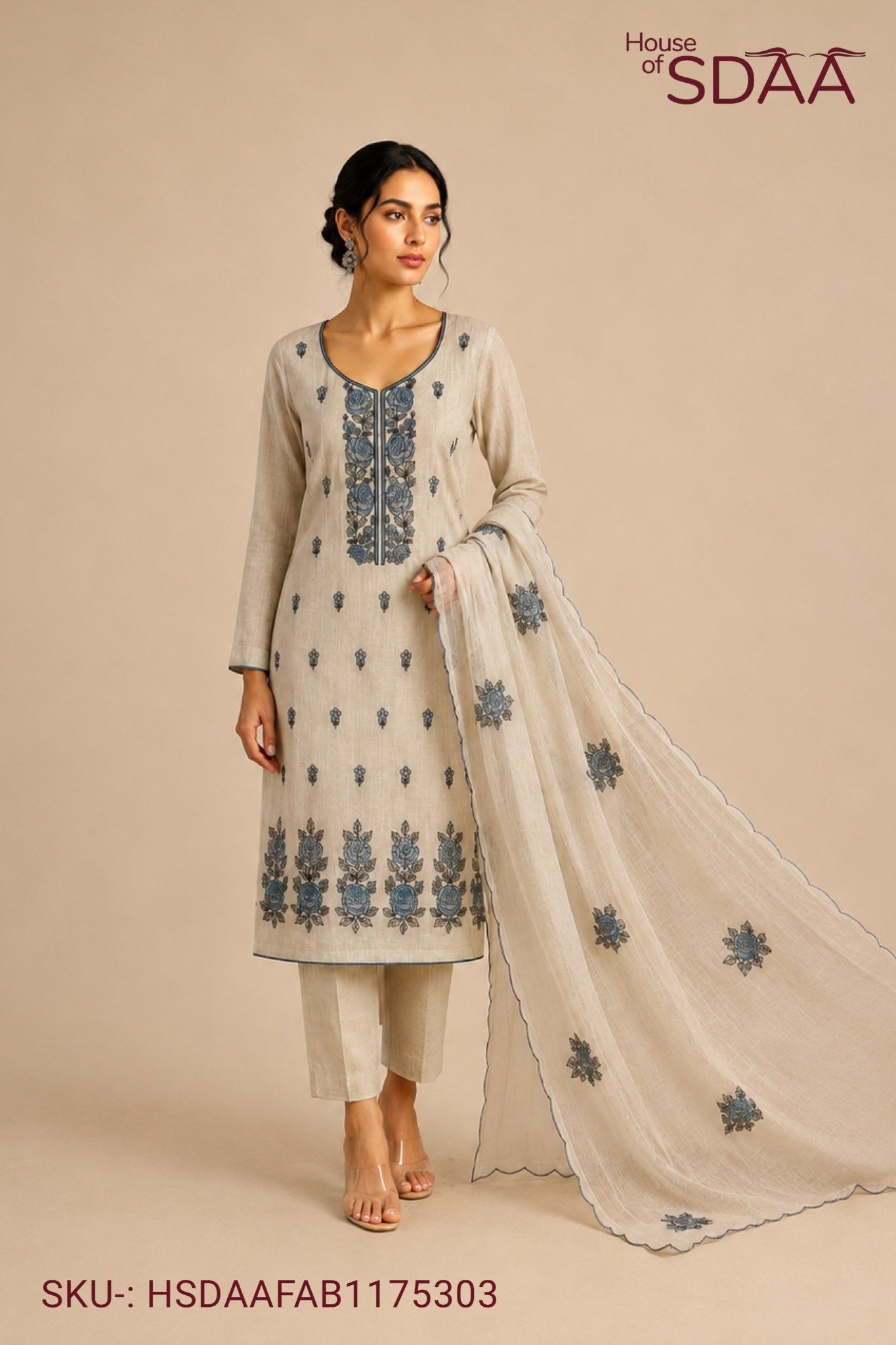 Beige Blue Mal Chanderi Unstitched Dress Material with Floral Embroidery