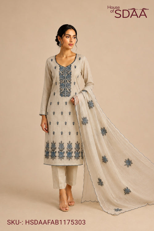Beige Blue Mal Chanderi Unstitched Dress Material with Floral Embroidery