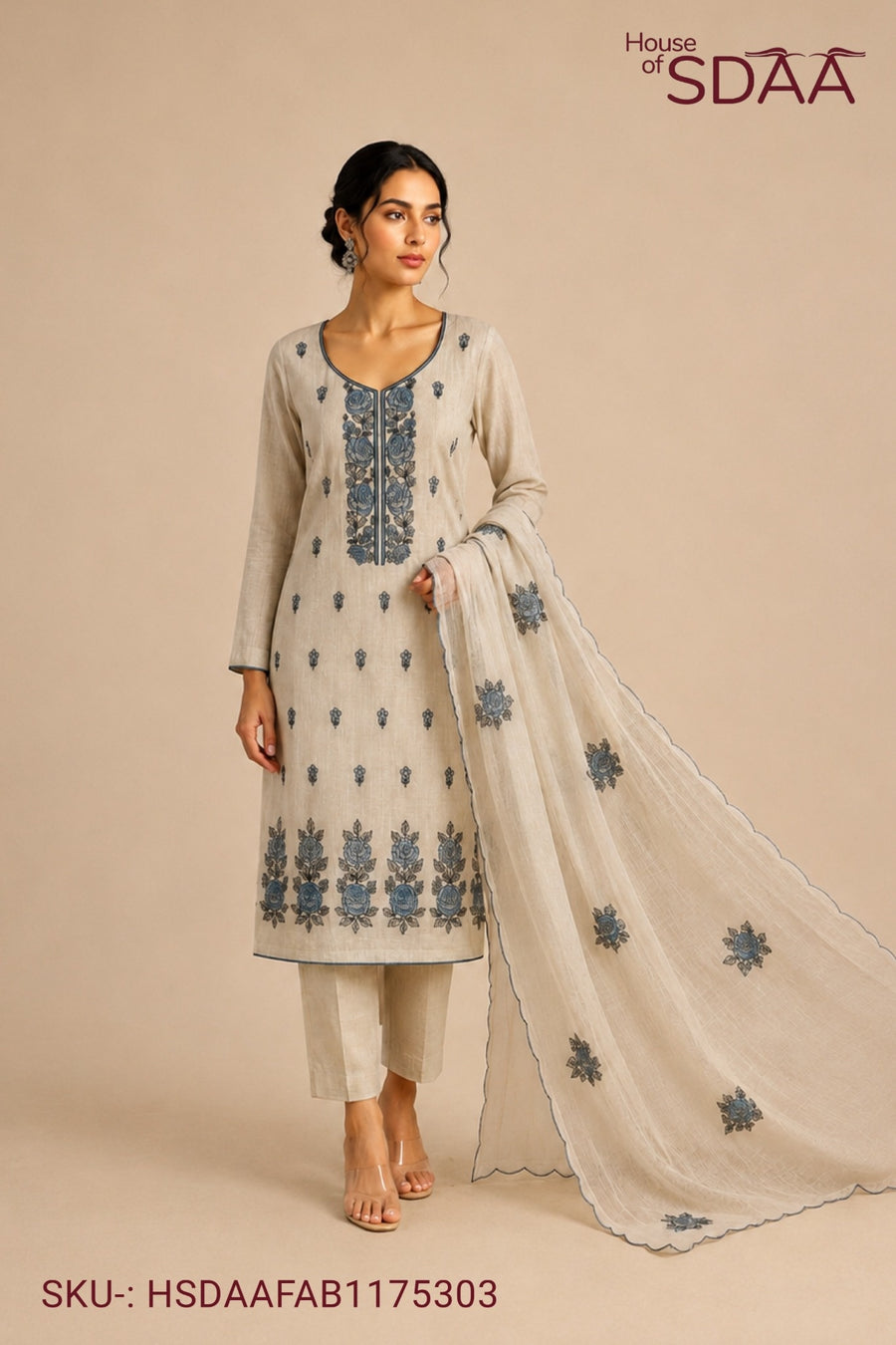 Beige Blue Mal Chanderi Unstitched Dress Material with Floral Embroidery