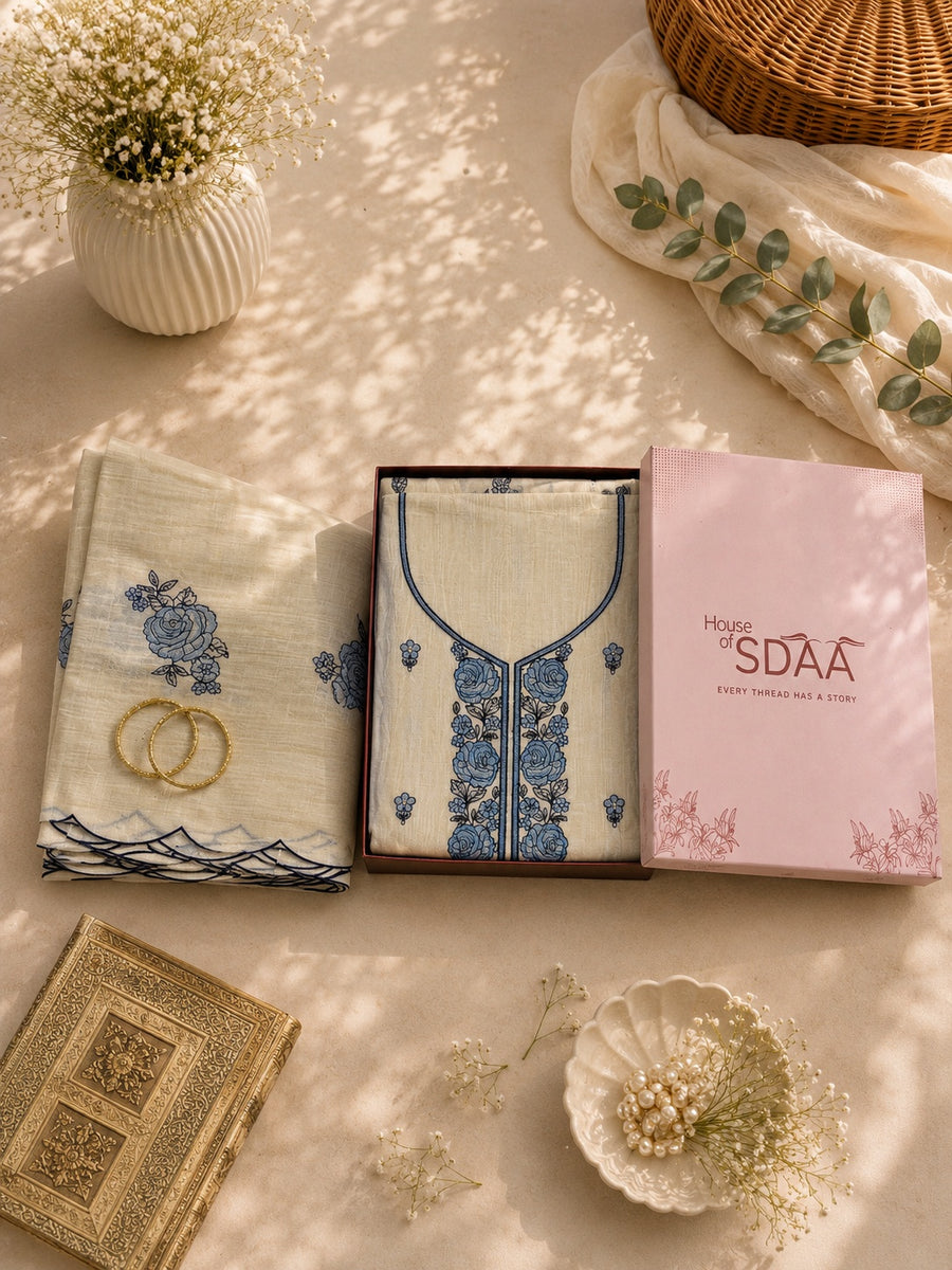 Beige Blue Mal Chanderi Unstitched Dress Material with Floral Embroidery
