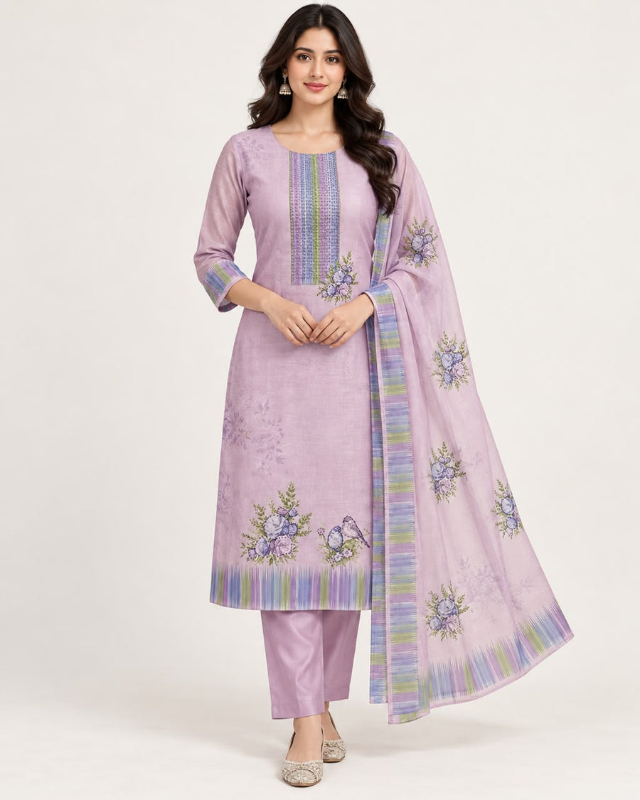 Lilac Kota Printed Unstitched Suit Set with Floral Dupatta