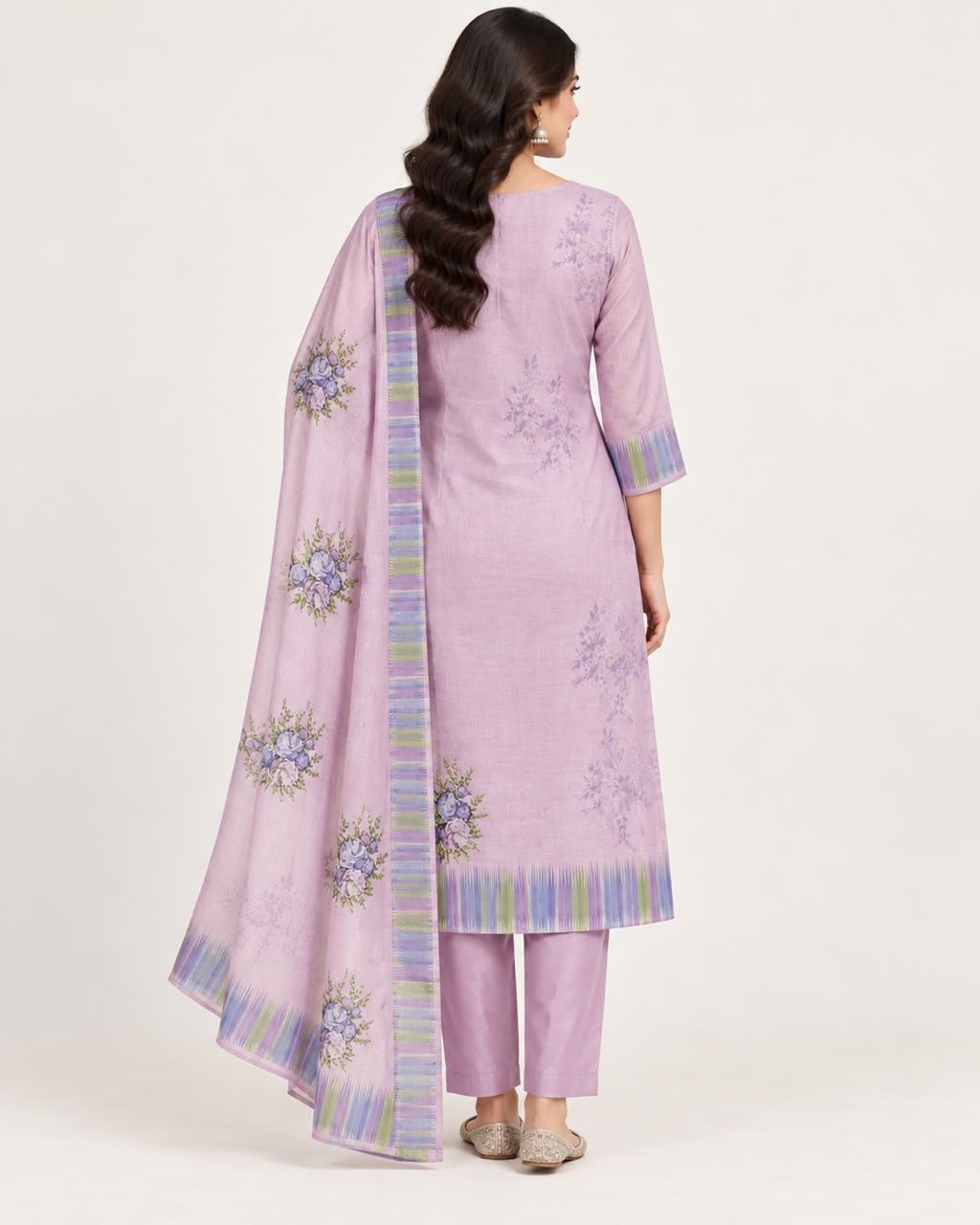 Lilac Kota Printed Unstitched Suit Set with Floral Dupatta