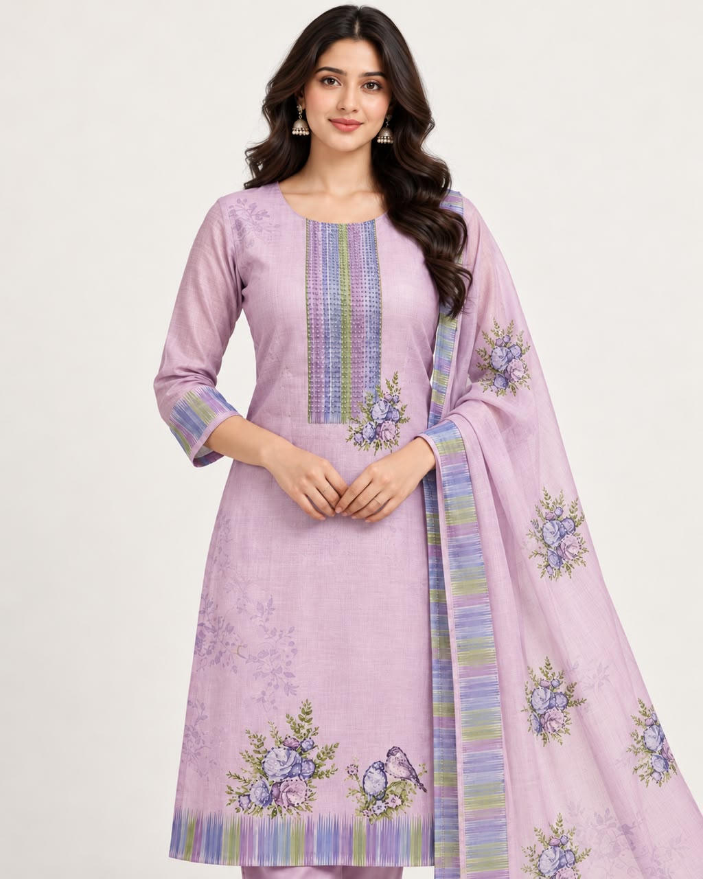 Lilac Kota Printed Unstitched Suit Set with Floral Dupatta