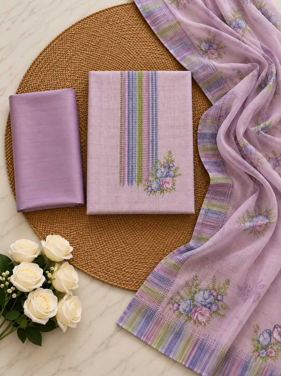 Lilac Kota Printed Unstitched Suit Set with Floral Dupatta