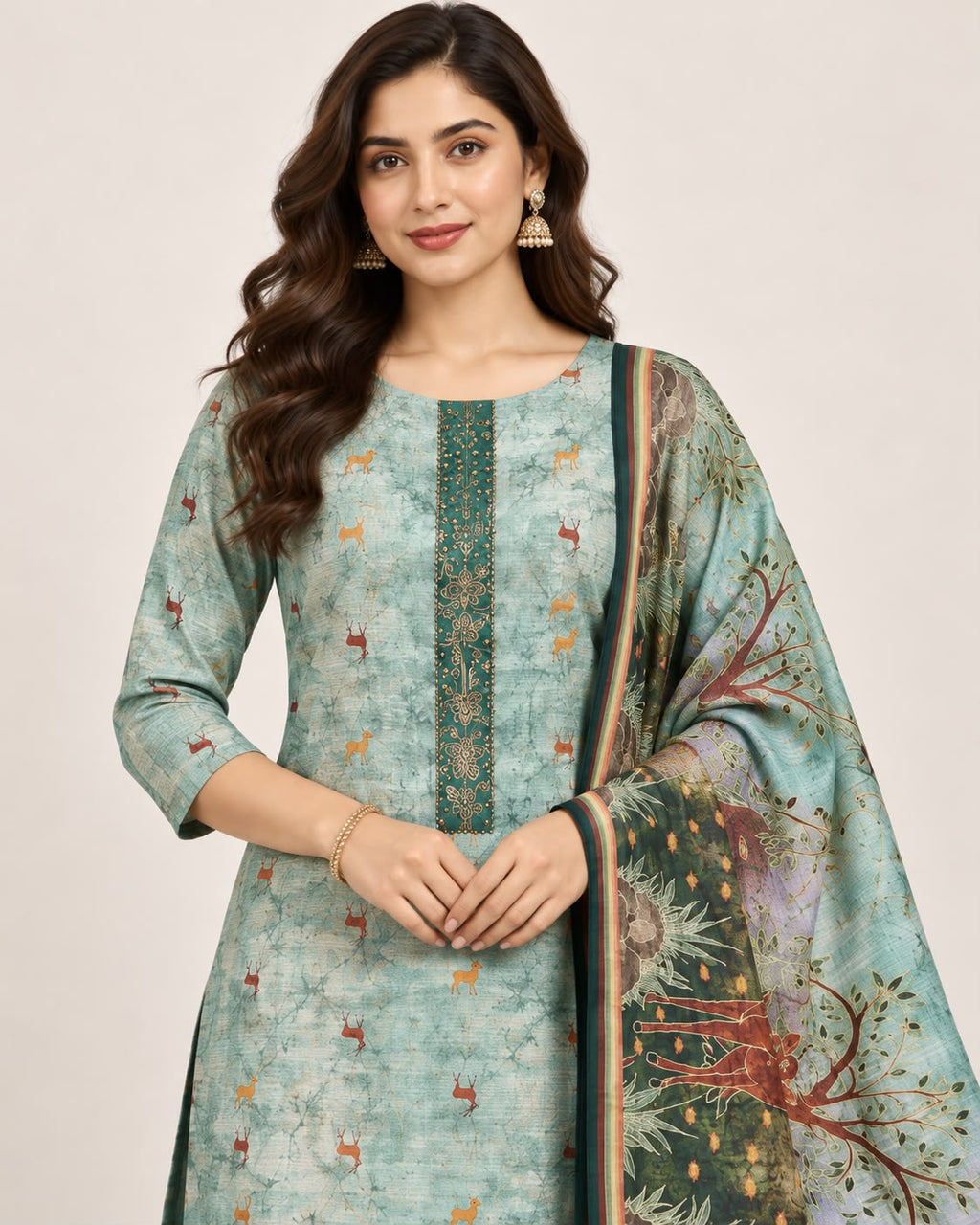 Sea Green Chanderi Silk Printed Unstitched Suit Set with Dupatta
