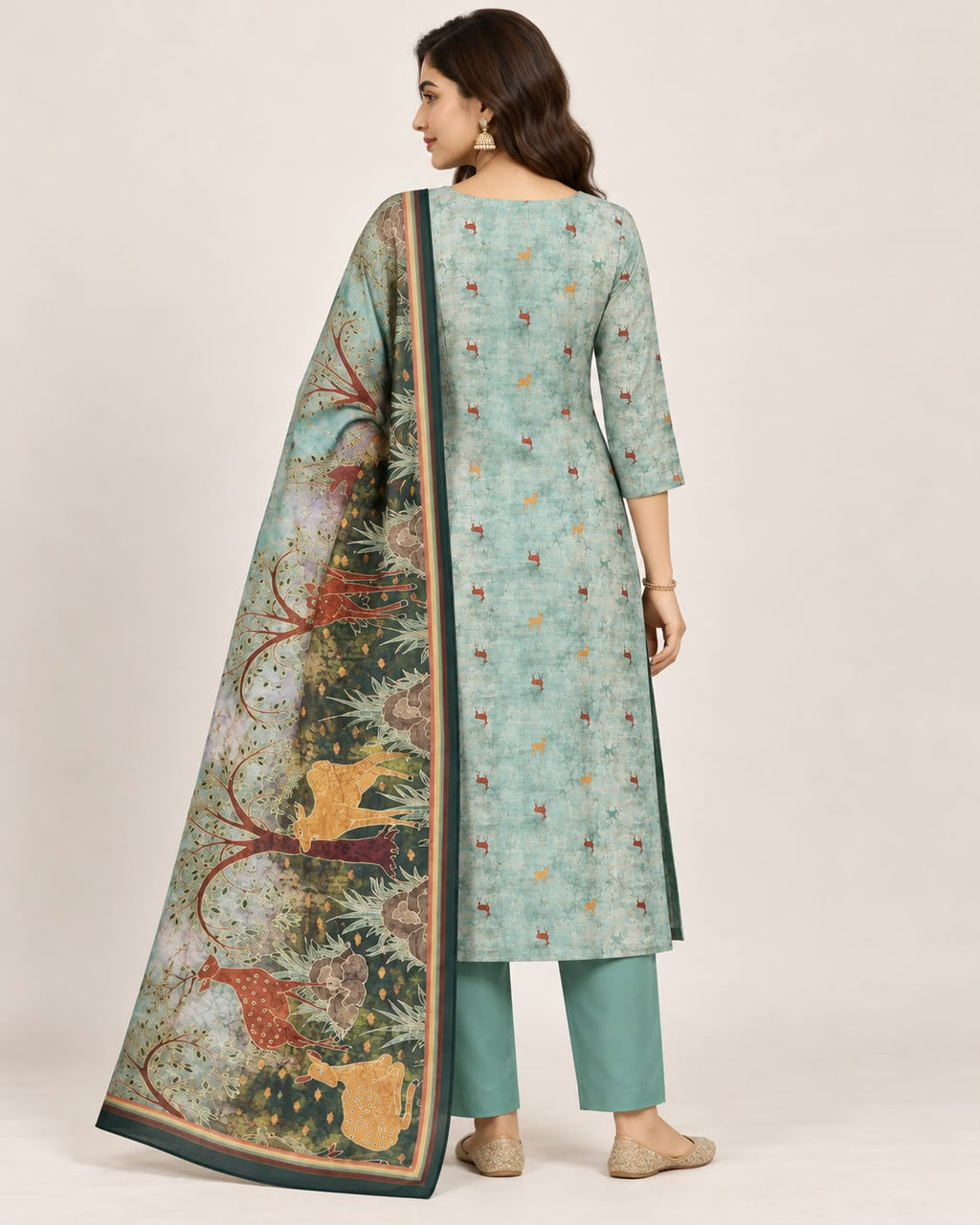 Sea Green Chanderi Silk Printed Unstitched Suit Set with Dupatta