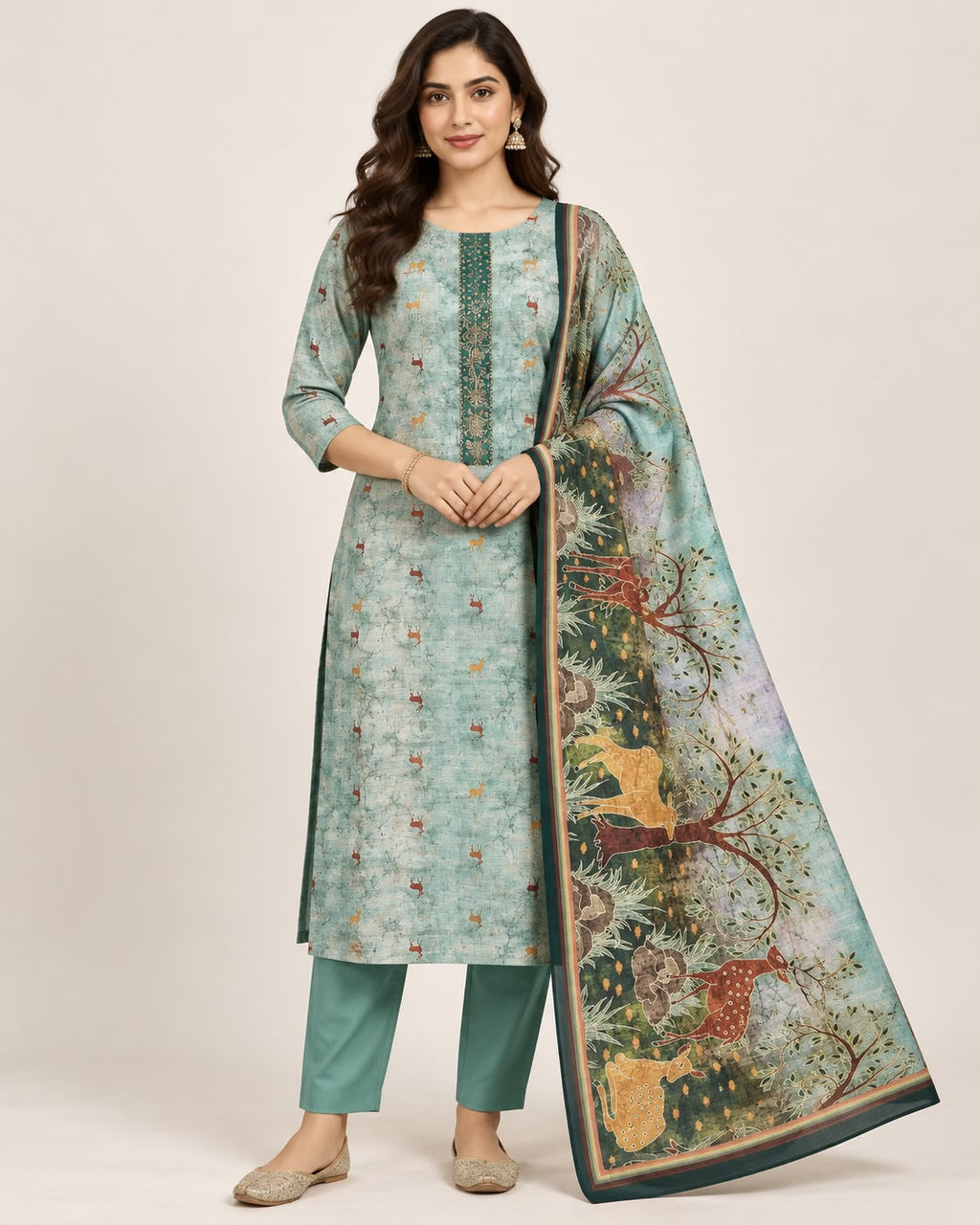 Sea Green Chanderi Silk Printed Unstitched Suit Set with Dupatta