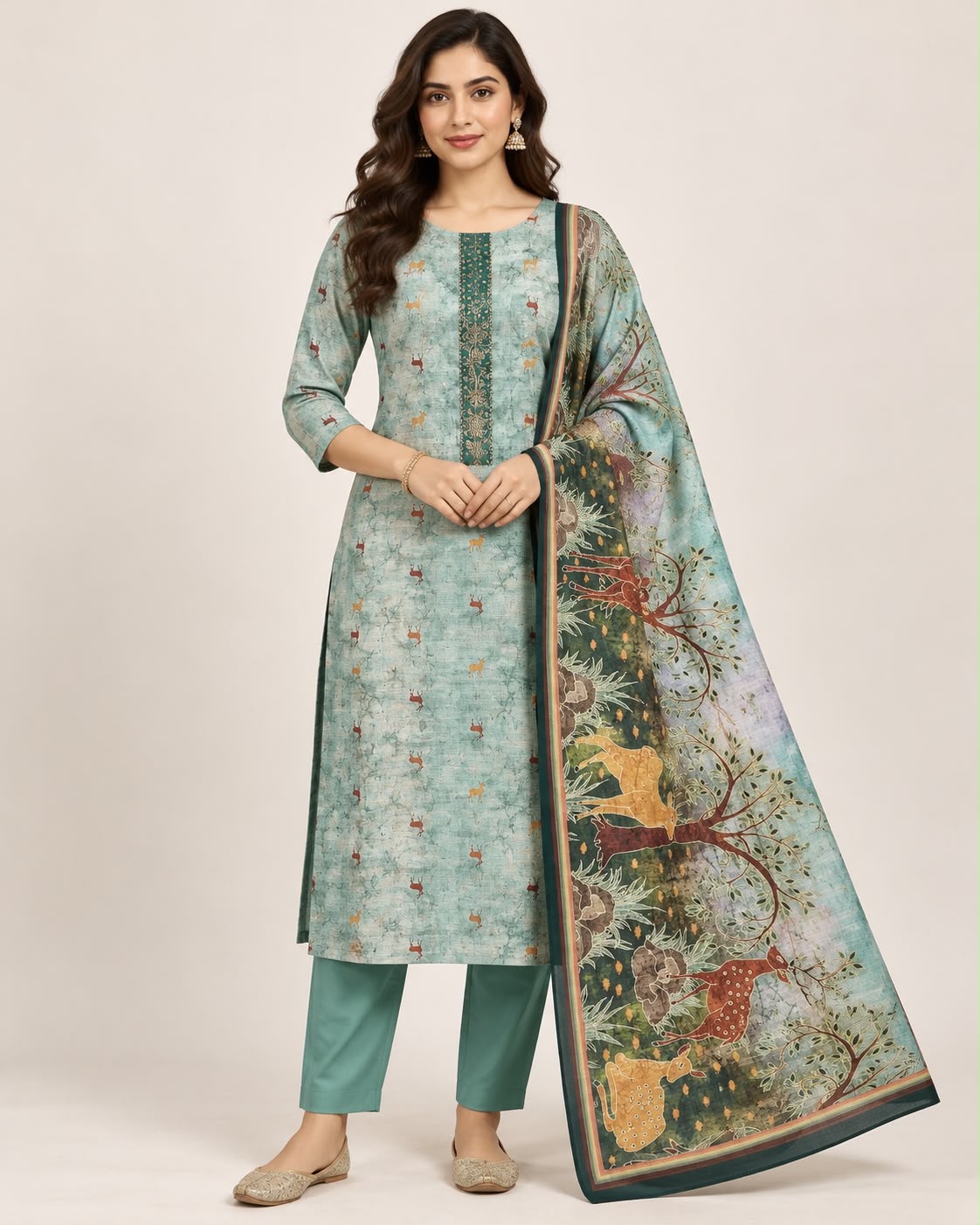 Sea Green Chanderi Silk Printed Unstitched Suit Set with Dupatta