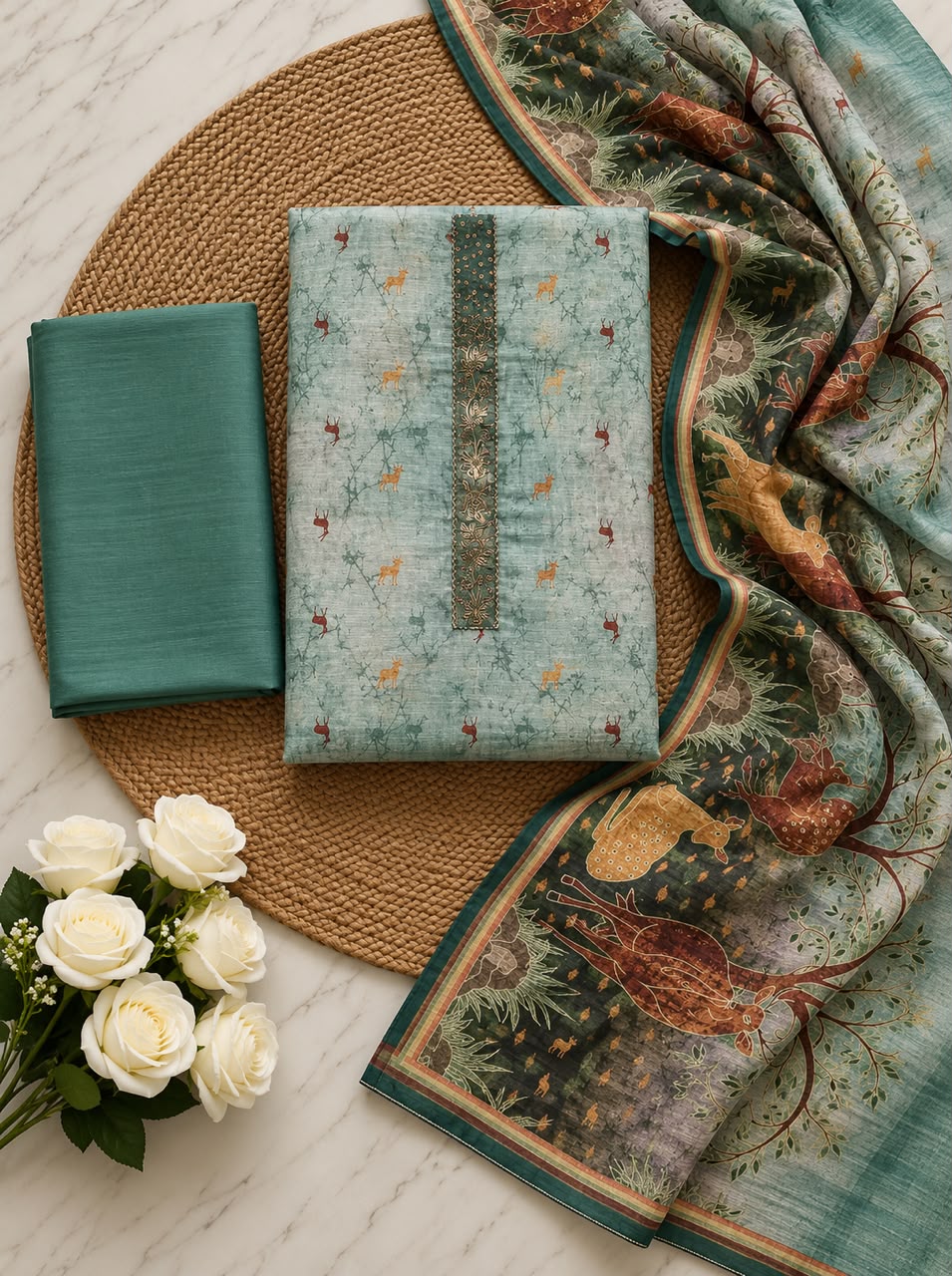 Sea Green Chanderi Silk Printed Unstitched Suit Set with Dupatta
