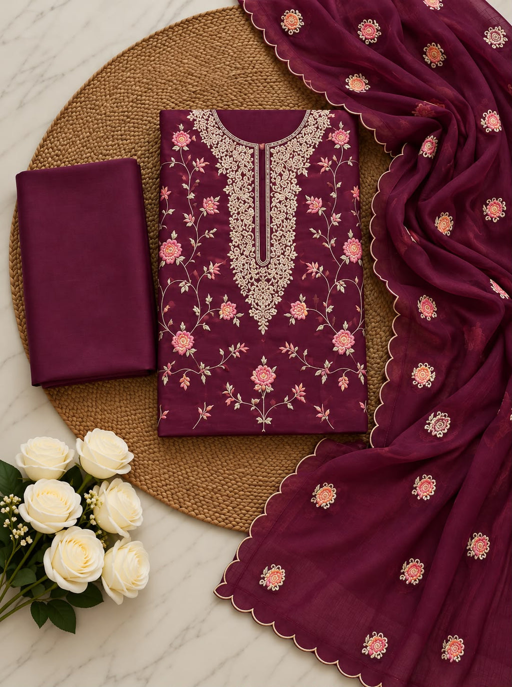 Deep Plum Floral Embroidered Silk Blend Suit Set with Dupatta