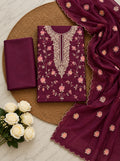 Deep Plum Floral Embroidered Silk Blend Suit Set with Dupatta