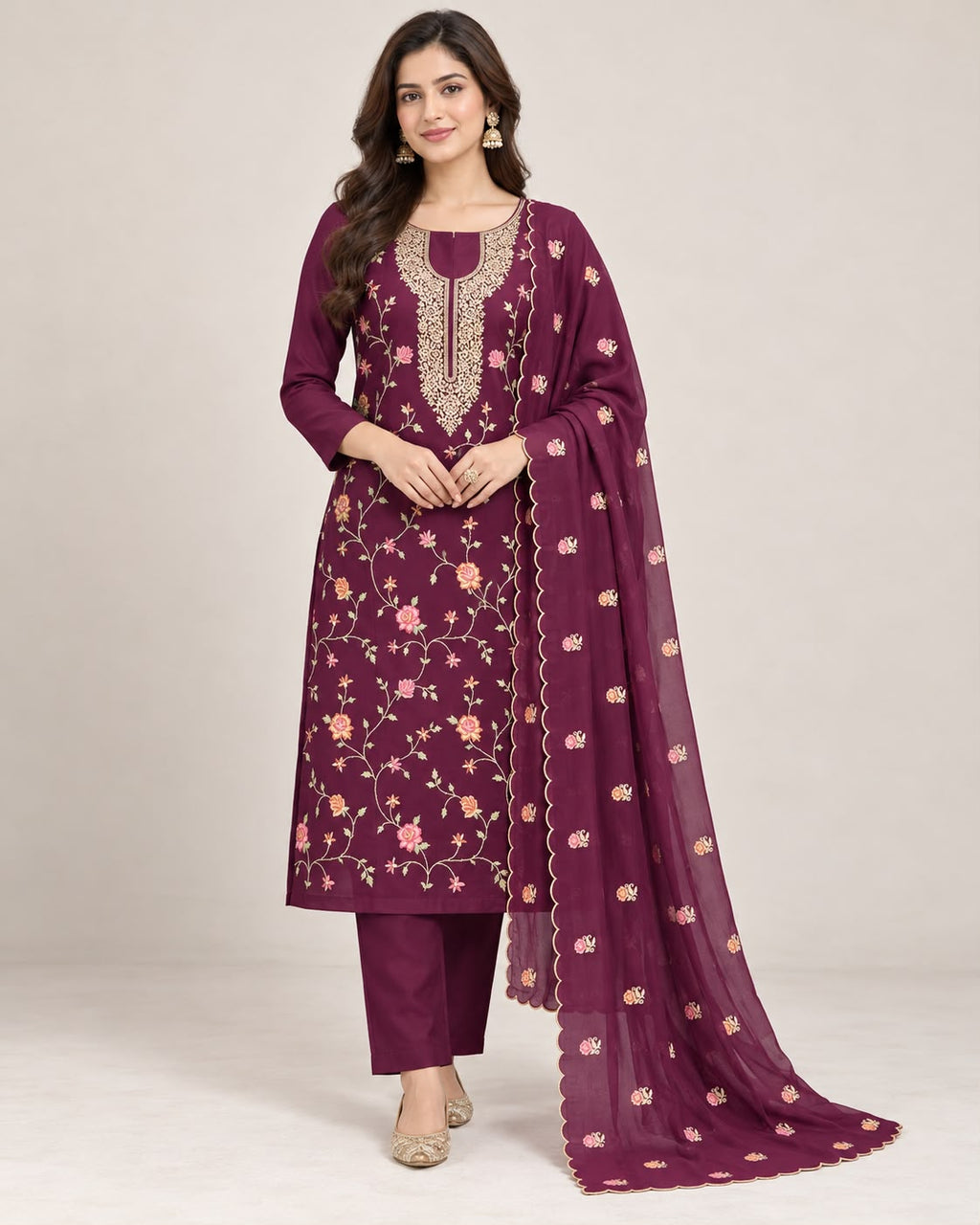 Deep Plum Floral Embroidered Silk Blend Suit Set with Dupatta