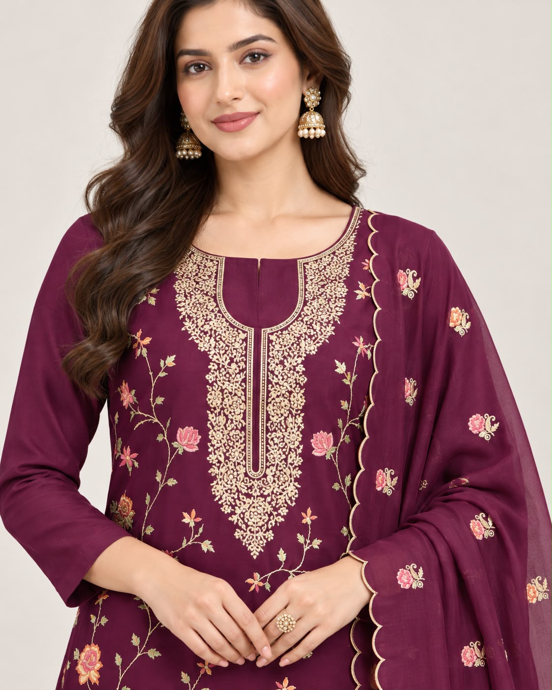 Deep Plum Floral Embroidered Silk Blend Suit Set with Dupatta