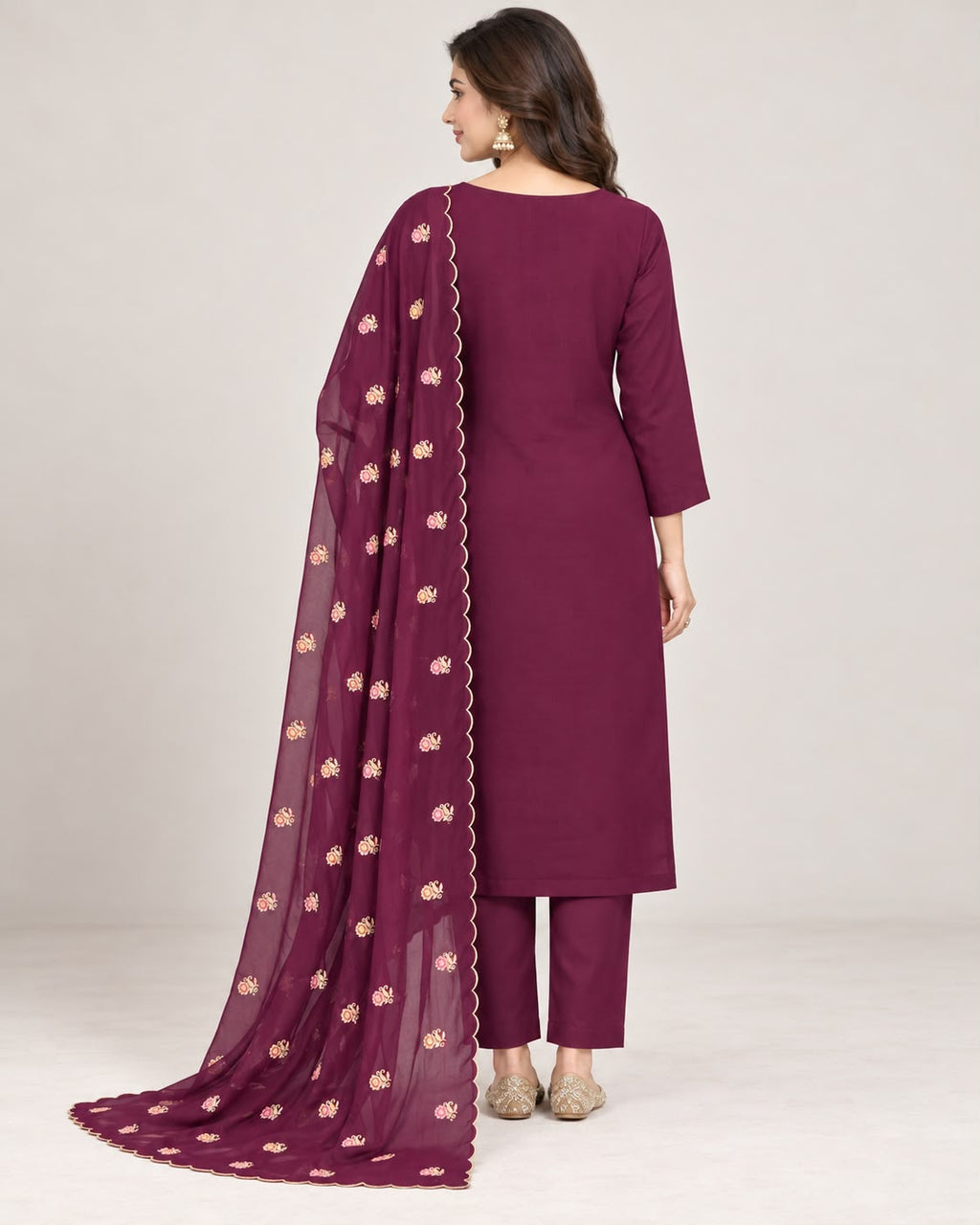 Deep Plum Floral Embroidered Silk Blend Suit Set with Dupatta