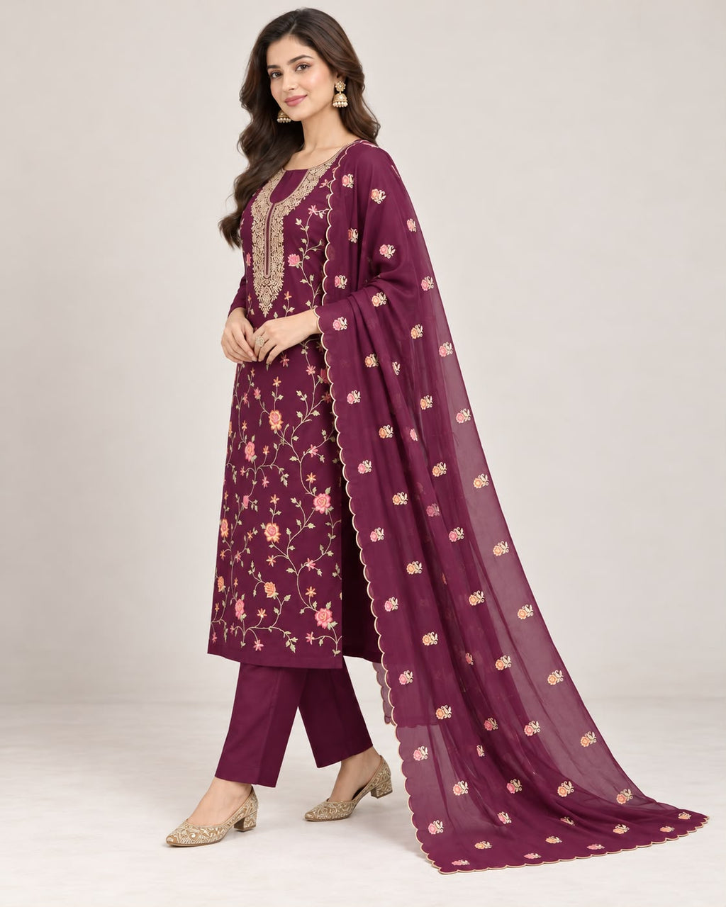 Deep Plum Floral Embroidered Silk Blend Suit Set with Dupatta