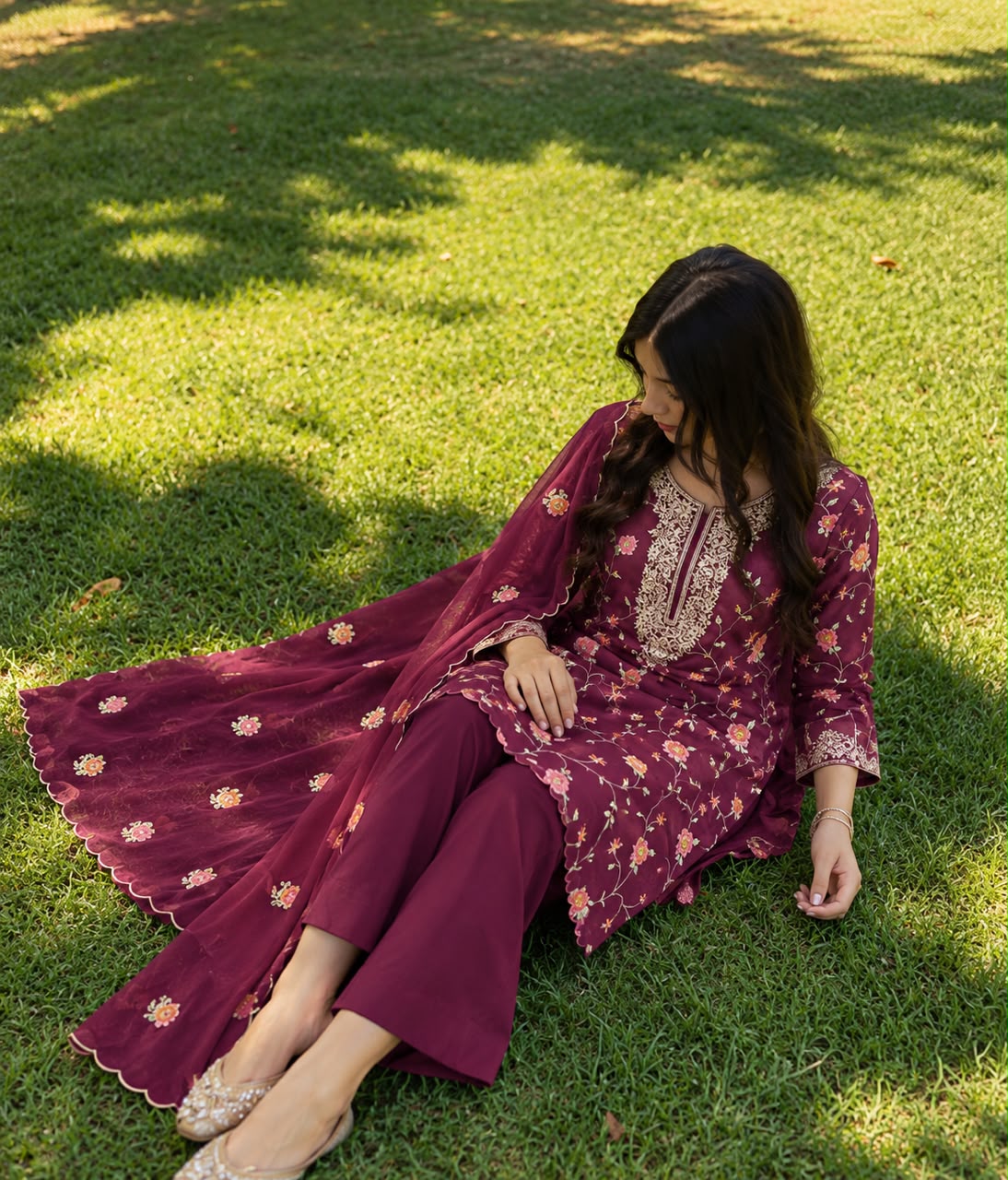Deep Plum Floral Embroidered Silk Blend Suit Set with Dupatta